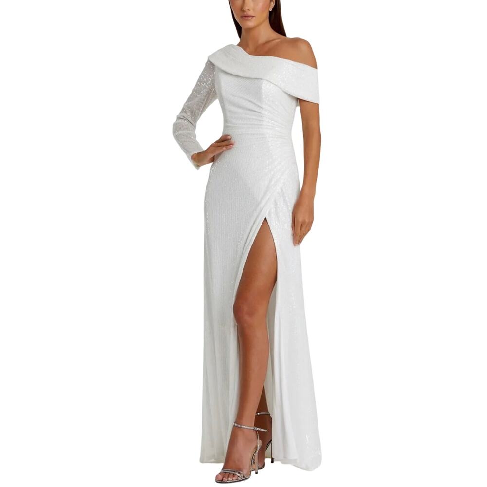 Mac Duggal 26571 White Evening Gown Sequined One Shoulder A-Line Dress Size 10